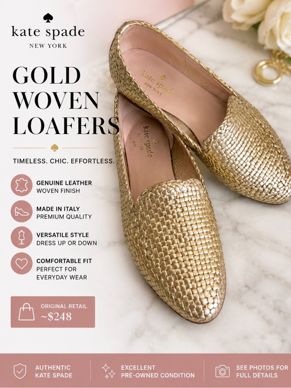 kate spade Gold Woven Leather Loafers - Metallic Gold